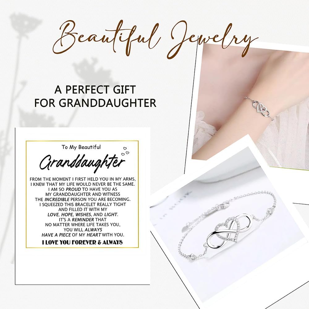 To My Granddaughter - Infinity Heart Bracelet Gift with Meaningful Card, Granddaughter Gifts from Grandma & Grandpa, Elegant Silver Jewelry for Birthday, Graduation, Christmas.