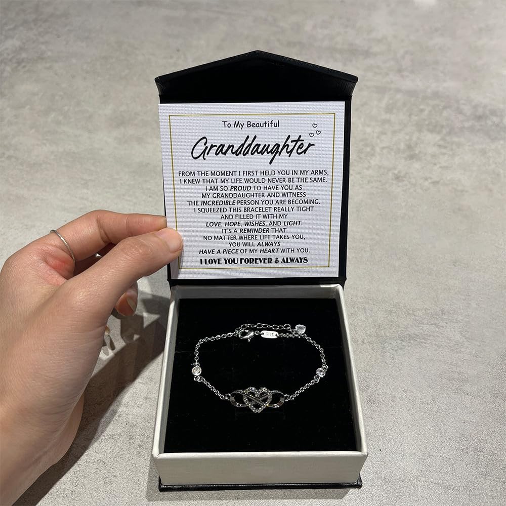 To My Granddaughter - Infinity Heart Bracelet Gift with Meaningful Card, Granddaughter Gifts from Grandma & Grandpa, Elegant Silver Jewelry for Birthday, Graduation, Christmas.
