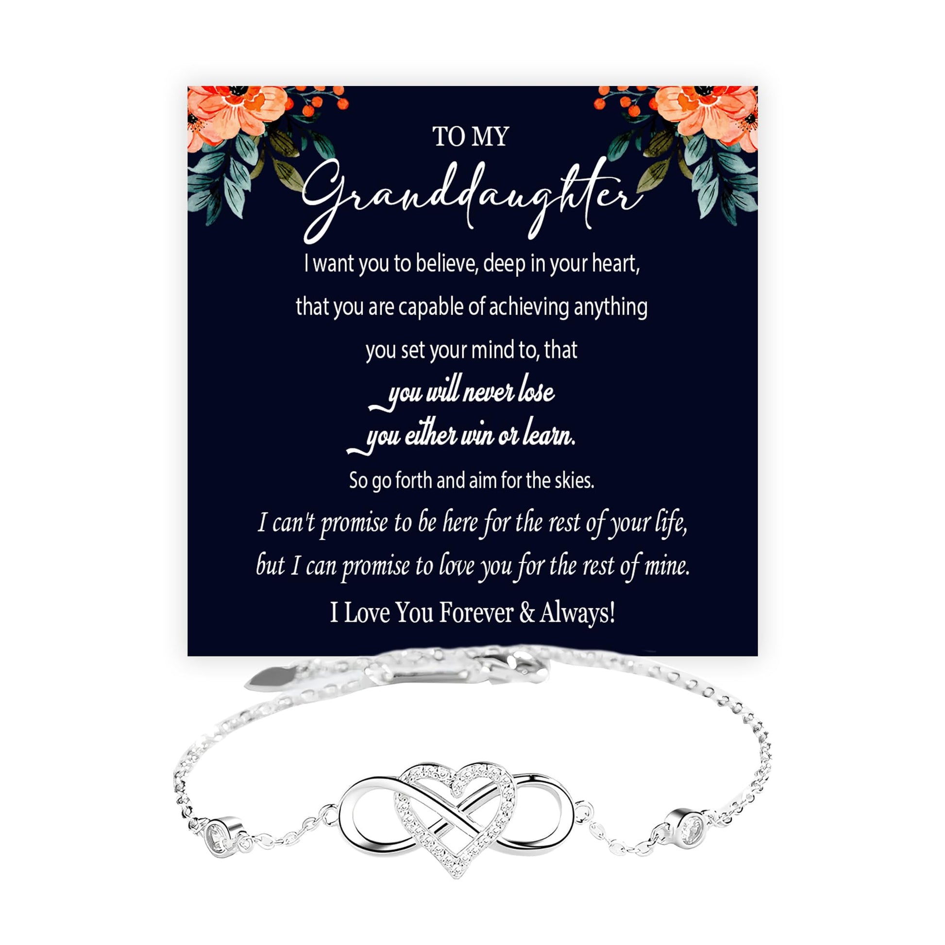 To My Granddaughter - Infinity Heart Bracelet Gift with Meaningful Card, Granddaughter Gifts from Grandma & Grandpa, Elegant Silver Jewelry for Birthday, Graduation, Christmas.