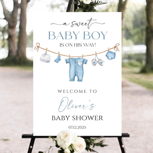 Personalized Baby Shower Welcome Sign, Boy Baby Shower Welcome Sign, A Sweet Baby Boy Is On His Way Baby Shower Welcome Sign, Blue Boho Children's Clothing Outdoors Sign, Baby Shower Sign