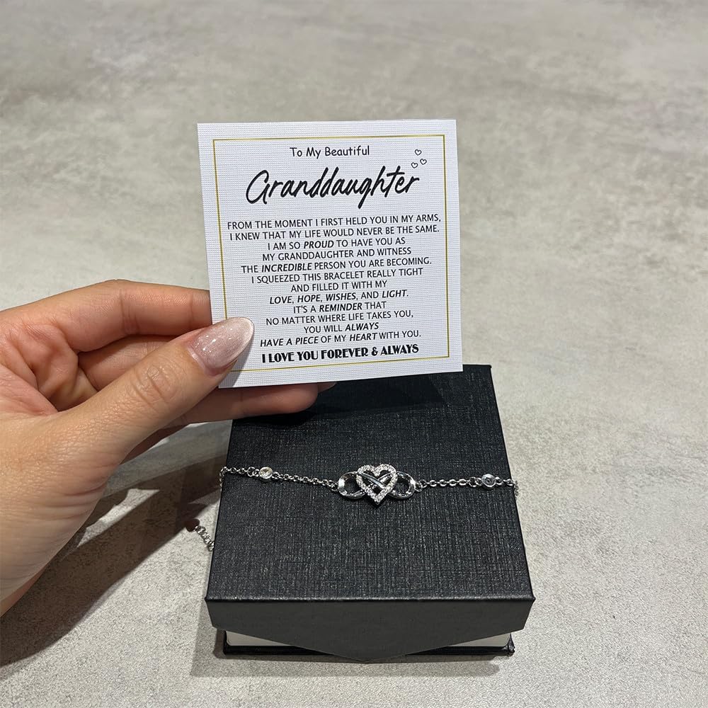 To My Granddaughter - Infinity Heart Bracelet Gift with Meaningful Card, Granddaughter Gifts from Grandma & Grandpa, Elegant Silver Jewelry for Birthday, Graduation, Christmas.