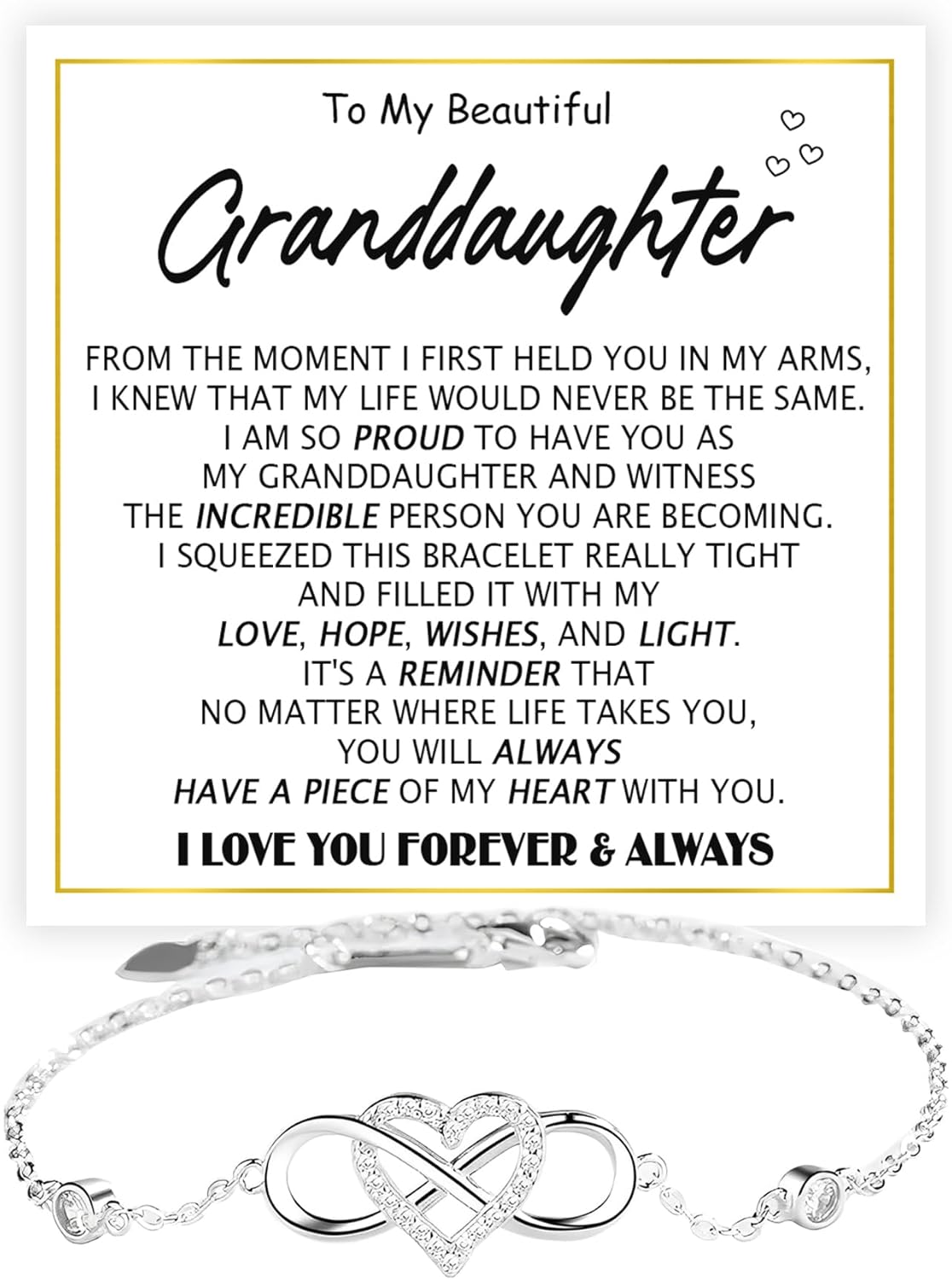 To My Granddaughter - Infinity Heart Bracelet Gift with Meaningful Card, Granddaughter Gifts from Grandma & Grandpa, Elegant Silver Jewelry for Birthday, Graduation, Christmas.