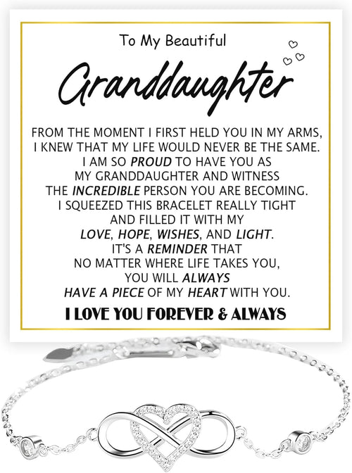 To My Granddaughter - Infinity Heart Bracelet Gift with Meaningful Card, Granddaughter Gifts from Grandma & Grandpa, Elegant Silver Jewelry for Birthday, Graduation, Christmas.