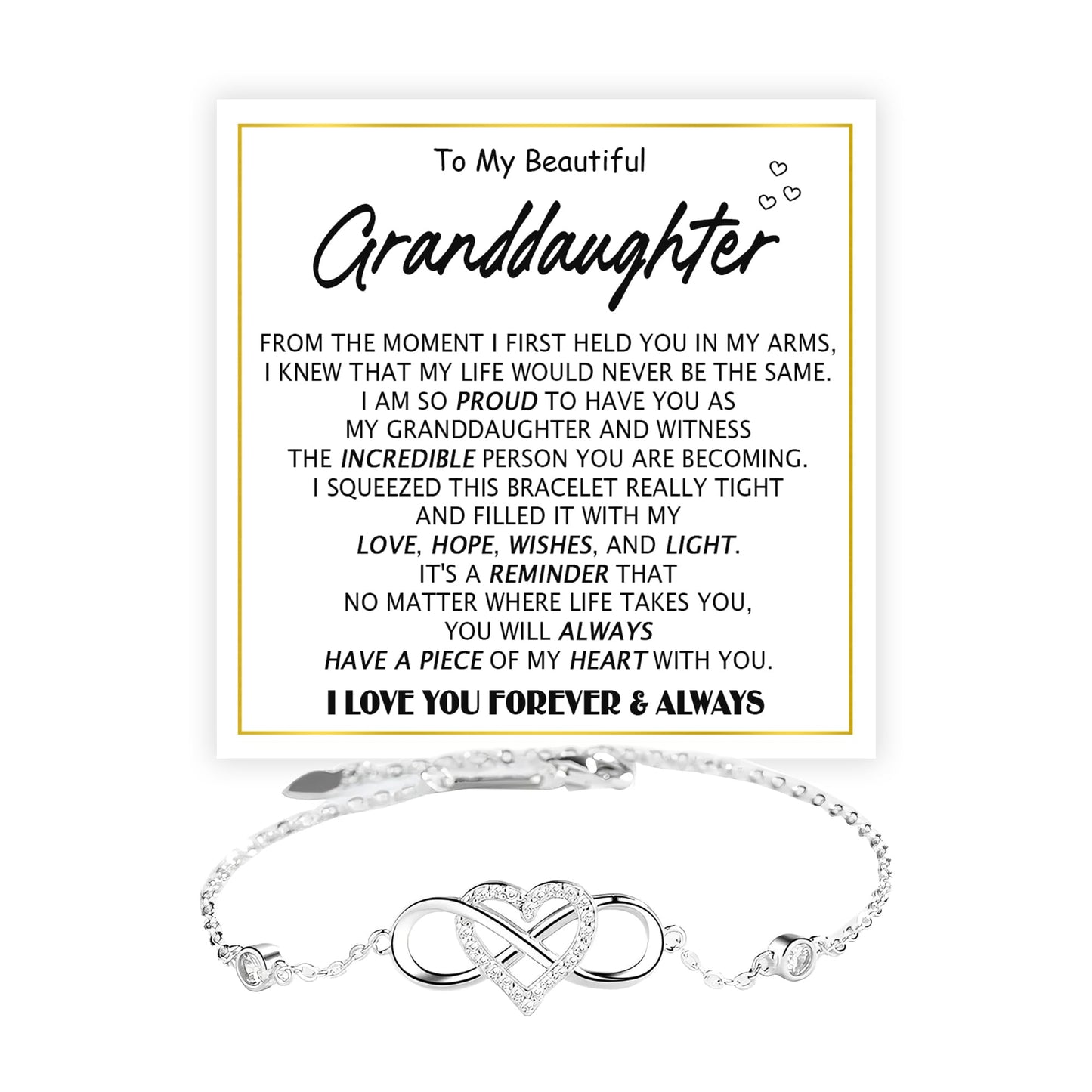 To My Granddaughter - Infinity Heart Bracelet Gift with Meaningful Card, Granddaughter Gifts from Grandma & Grandpa, Elegant Silver Jewelry for Birthday, Graduation, Christmas.