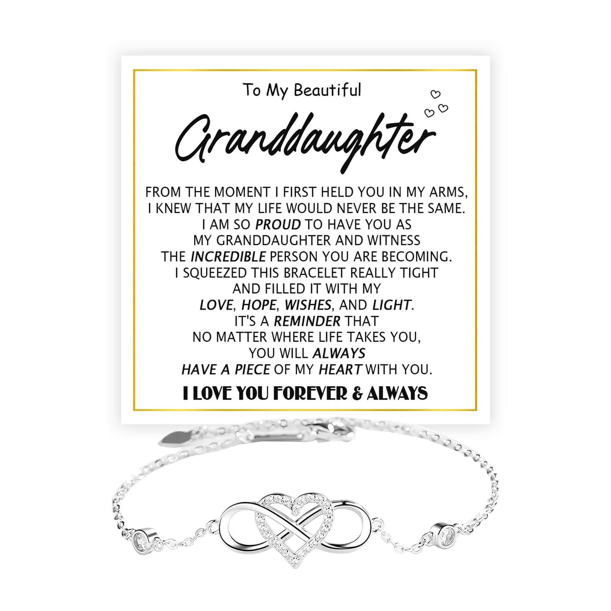 To My Granddaughter - Infinity Heart Bracelet Gift with Meaningful Card, Granddaughter Gifts from Grandma & Grandpa, Elegant Silver Jewelry for Birthday, Graduation, Christmas.