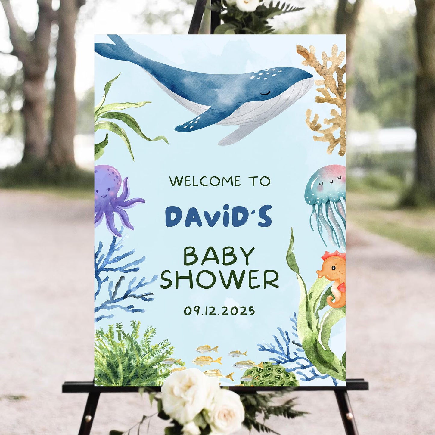 Personalized Baby Shower Welcome Sign, Boy Baby Shower Welcome Sign, A Sweet Baby Boy Is On His Way Baby Shower Welcome Sign, Blue Boho Children's Clothing Outdoors Sign, Baby Shower Sign